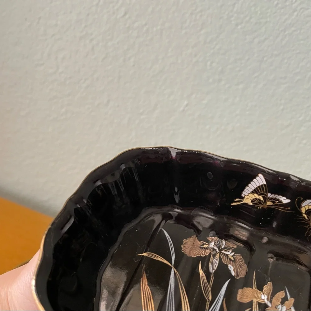 Kutani | Vintage Japanese Black Gold Iris Butterfly Soap Trinket Dish | Fairy